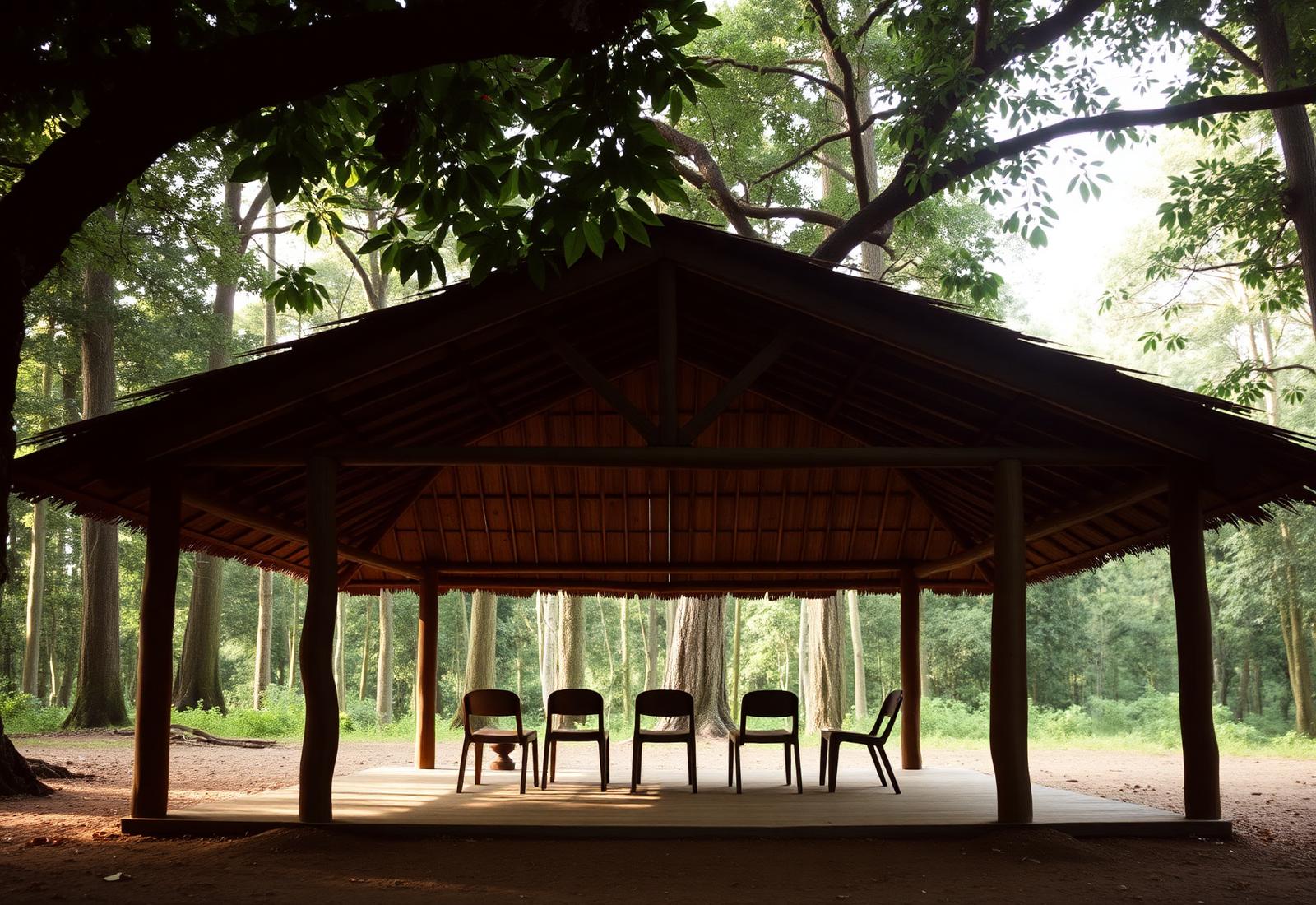 Carbet en Guyane sous la canopée, chaises disposées en cercle, lumière feutrée.