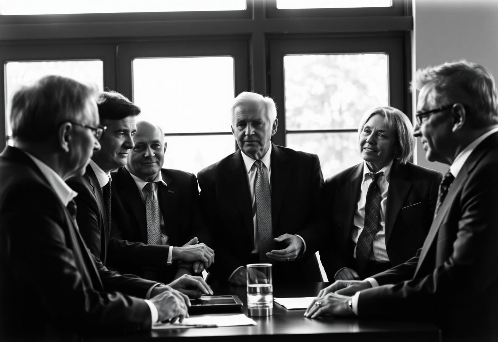 Comité de direction en discussion informelle, noir et blanc éditorial.