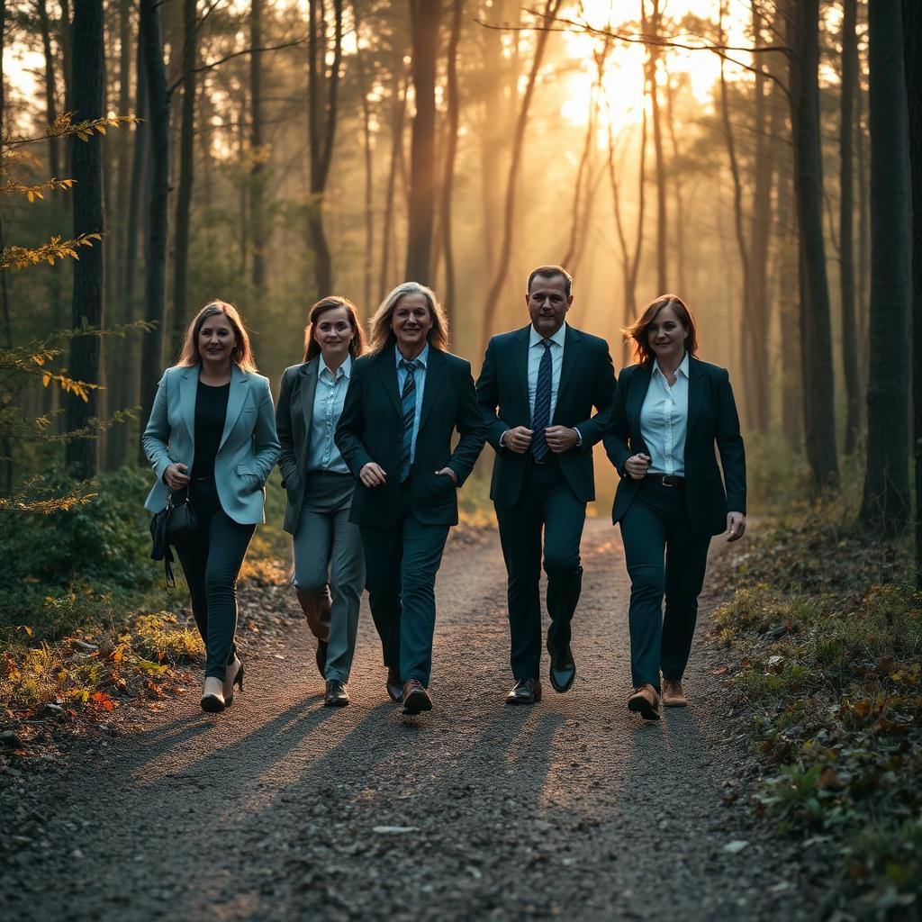 Journée de cohésion : équipe de dirigeants marchant ensemble en pleine nature au lever du jour.